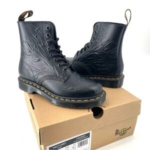Dr. Martens 1460 Flames Black Polished Smooth Leather Lace Up Combat Boot NEW